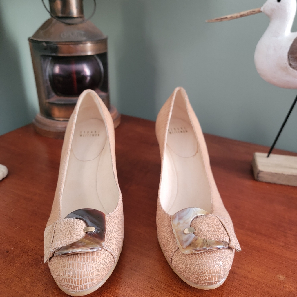 Stuart Weitzman Bucalina Size 8 Lizard Embossed Leather Wedge Pumps Tan